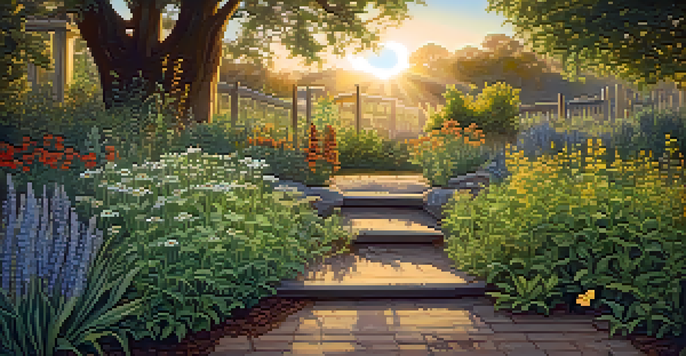 A serene herbal garden bathed in sunset light, showcasing various herbs and a sign labeled 'Herbal Remedies'.