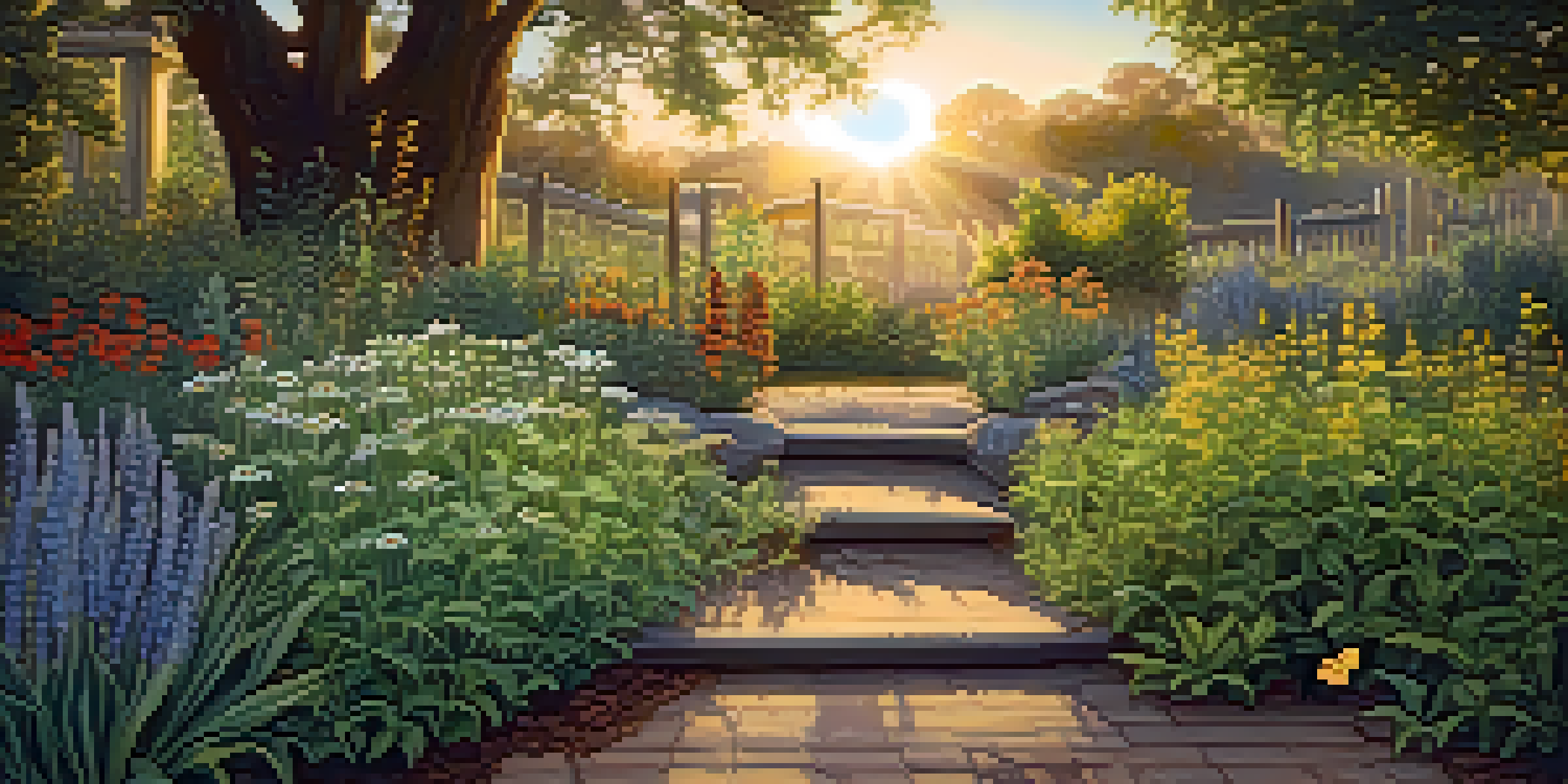 A serene herbal garden bathed in sunset light, showcasing various herbs and a sign labeled 'Herbal Remedies'.