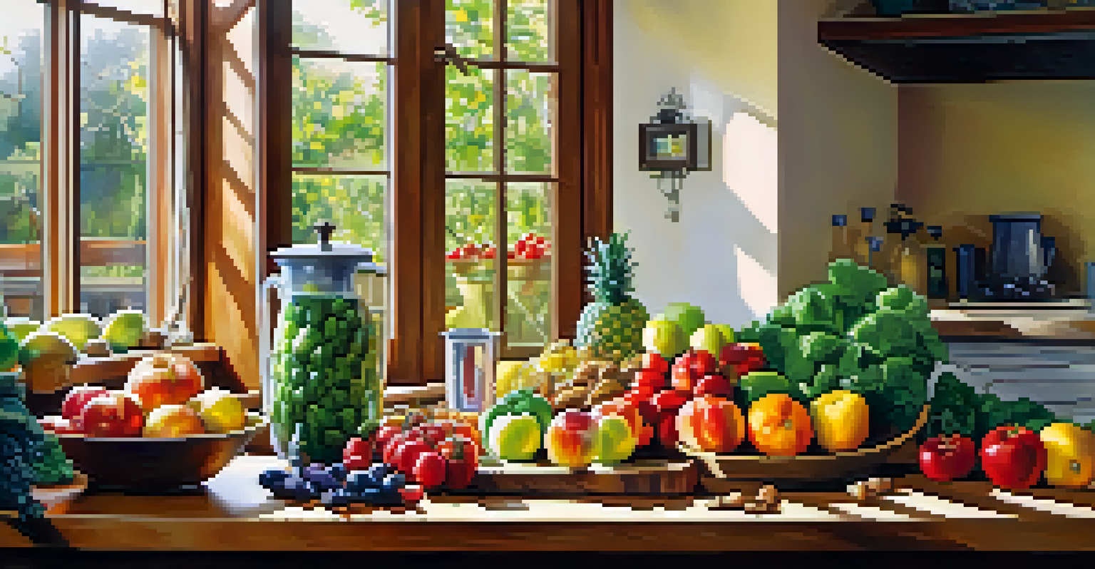 A kitchen countertop filled with fresh fruits, vegetables, and nuts, bathed in sunlight, promoting healthy nutrition.