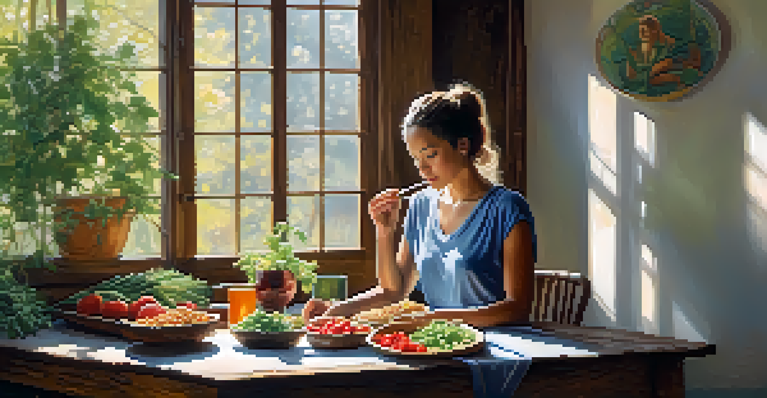 An individual enjoying a colorful, nutritious meal at a wooden table, embodying the practice of mindful eating.