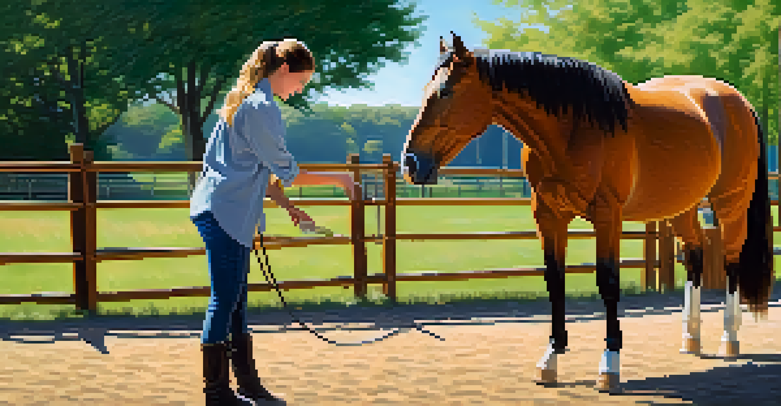 A young adult brushing a horse in an outdoor therapy session surrounded by greenery and blue sky.