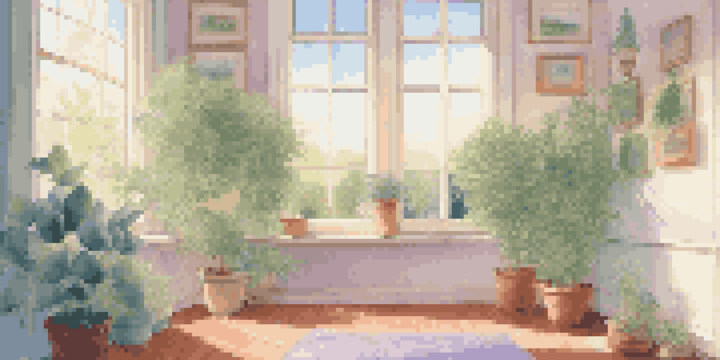 A bright and calming room filled with plants, cushions, and a diffuser releasing lavender oil, with soft light filtering through the leaves.