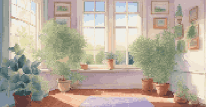 A bright and calming room filled with plants, cushions, and a diffuser releasing lavender oil, with soft light filtering through the leaves.