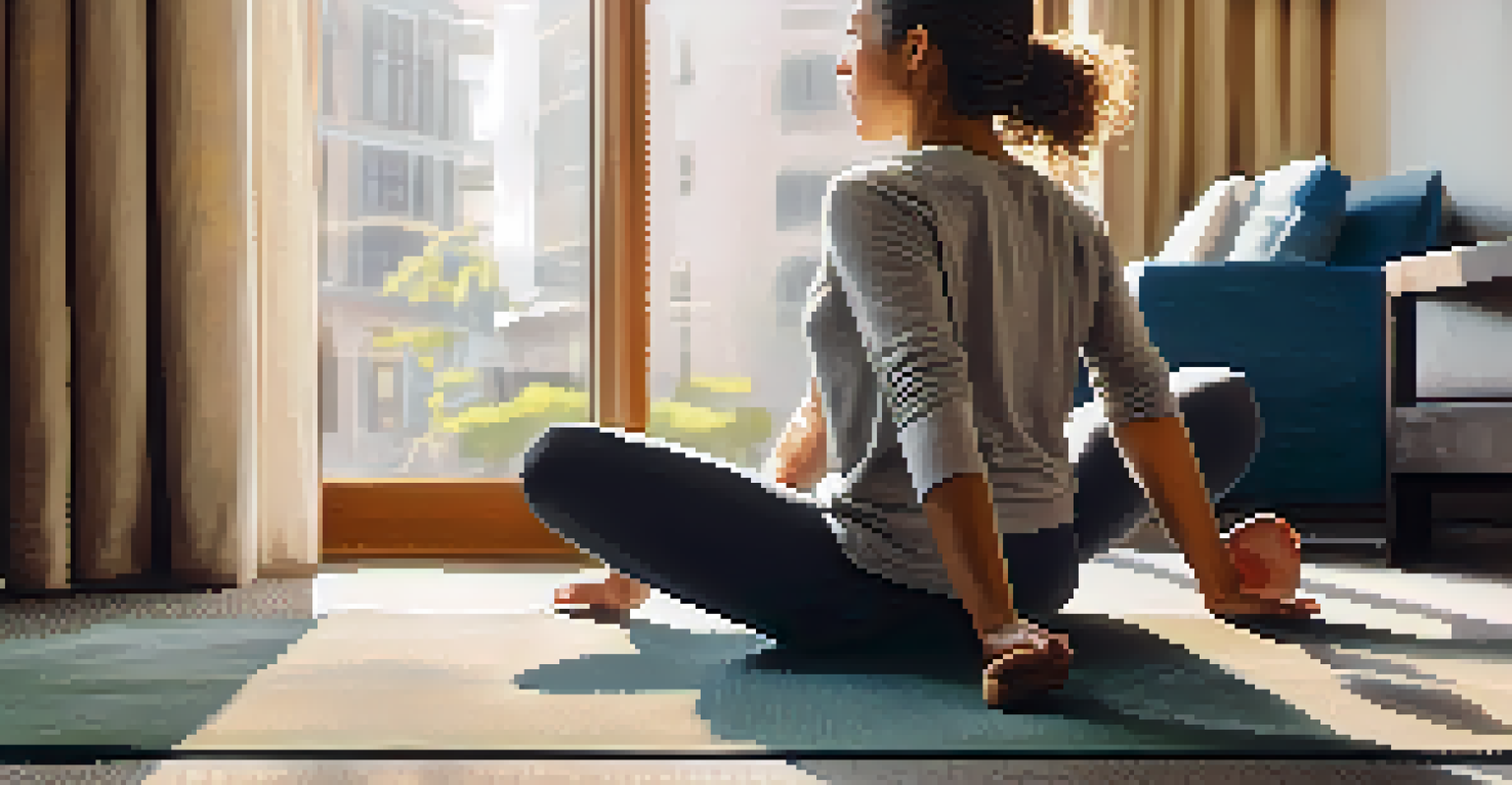 A person stretching on a yoga mat in a hotel room, with morning light coming through the window.