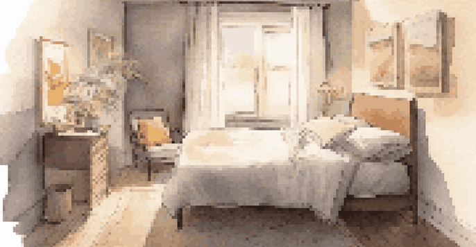 A cozy bedroom with a bed, blackout curtains, warm lighting, and a 'no screens' sign, emphasizing a peaceful sleep environment.