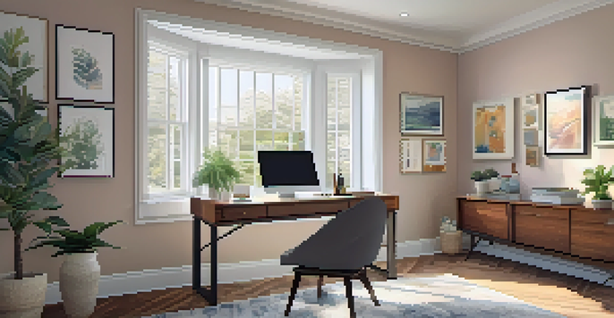 A cozy home office with a wooden desk, laptop, and indoor plants, illuminated by natural light from a large window.