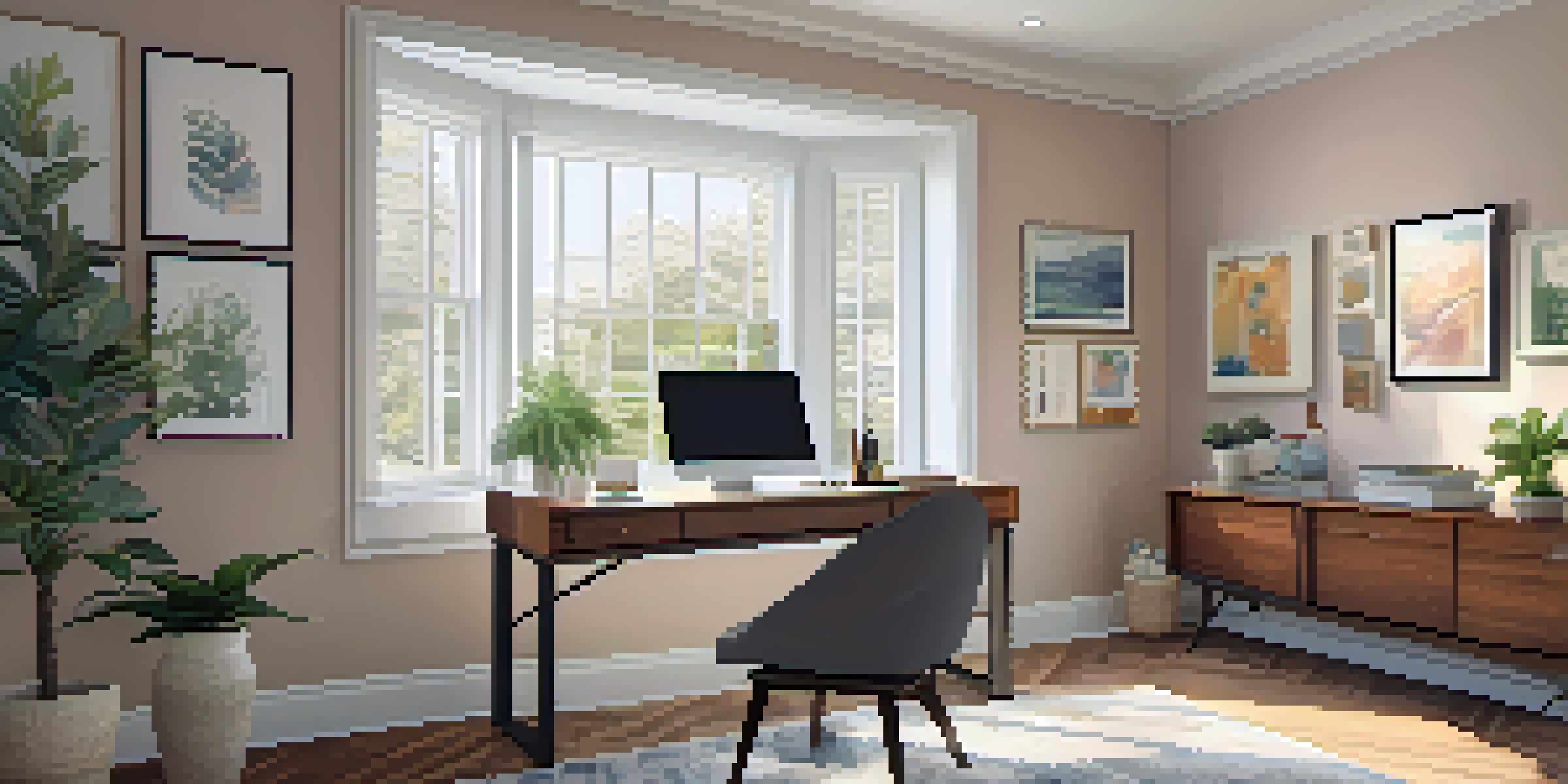 A cozy home office with a wooden desk, laptop, and indoor plants, illuminated by natural light from a large window.