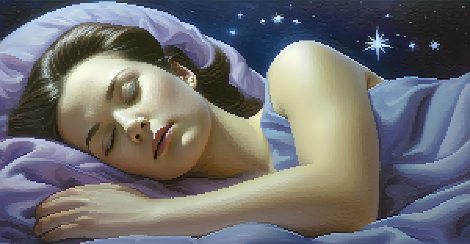 An artistic illustration of sleep stages with a calm figure, including visual elements of deep sleep, REM sleep, and light sleep in soothing colors.