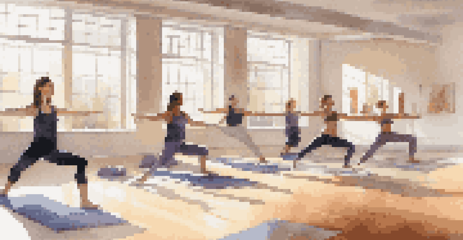 A vibrant group yoga class in a bright studio, with participants practicing Vinyasa poses and the instructor demonstrating at the front.