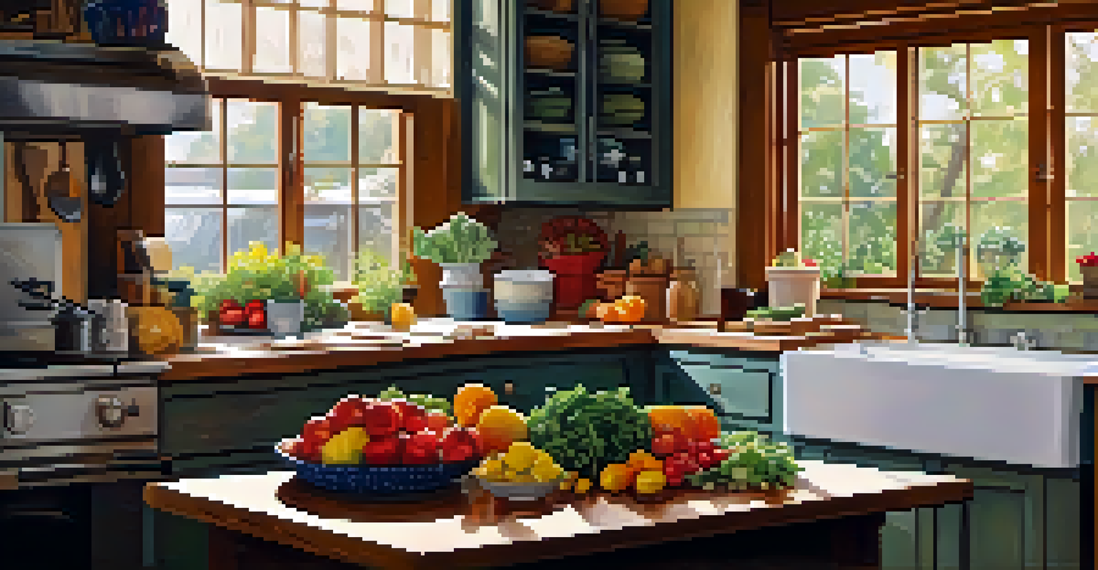 A cozy kitchen with fresh fruits and vegetables on a wooden table, featuring a cutting board and salad ingredients in natural light.