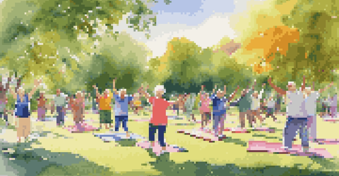 Seniors participating in a joyful outdoor fitness class, dancing on colorful mats in a sunny park.