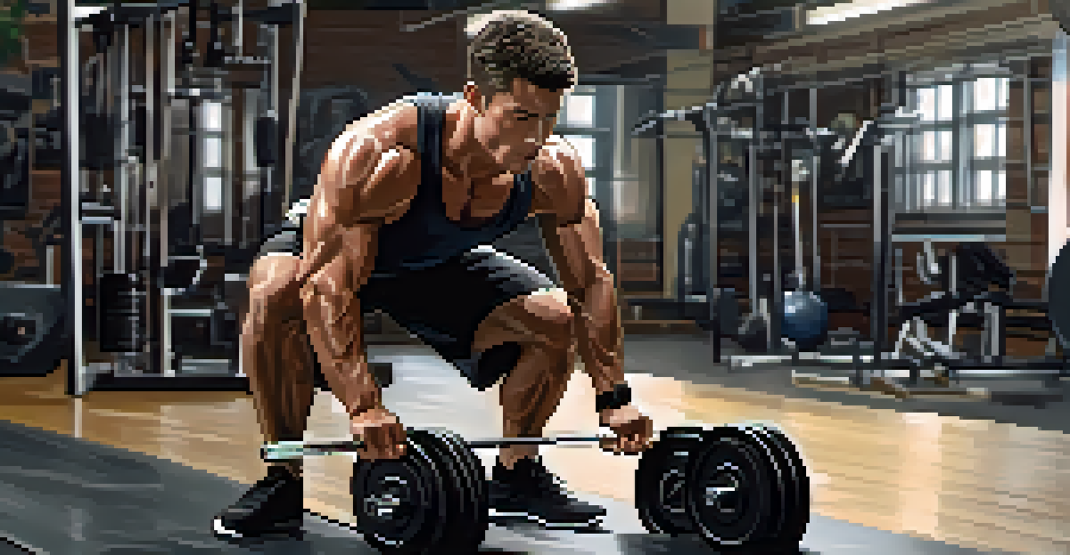 An athlete lifting weights in a gym, showcasing determination and strength during training.