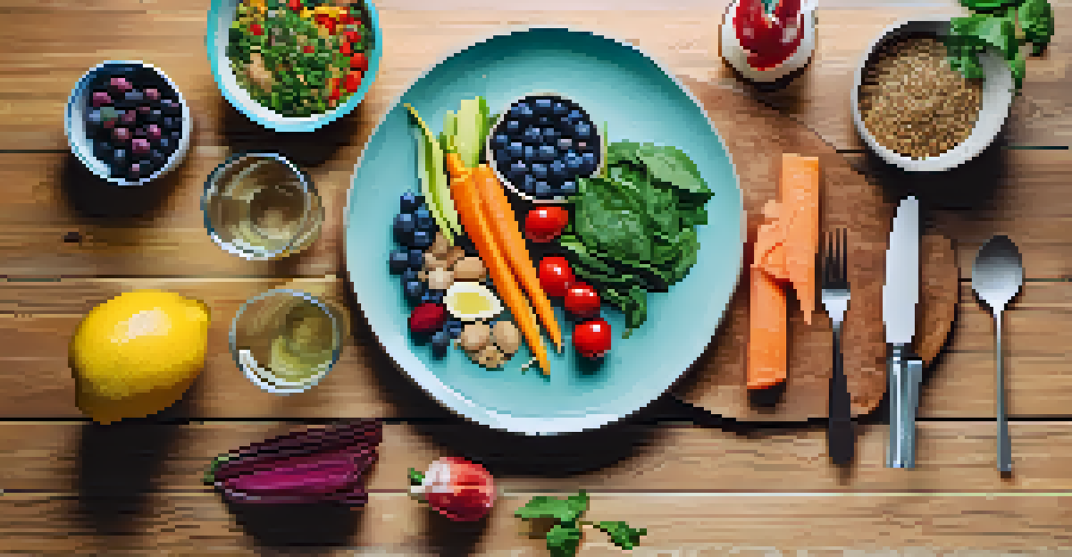 A colorful plate of healthy foods with vegetables, grains, and fruits on a wooden table.