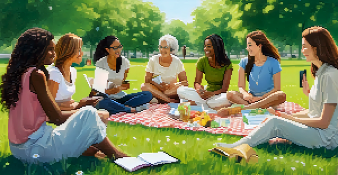A diverse group of women enjoying a sunny day in a park, discussing health and wellness on a picnic blanket.