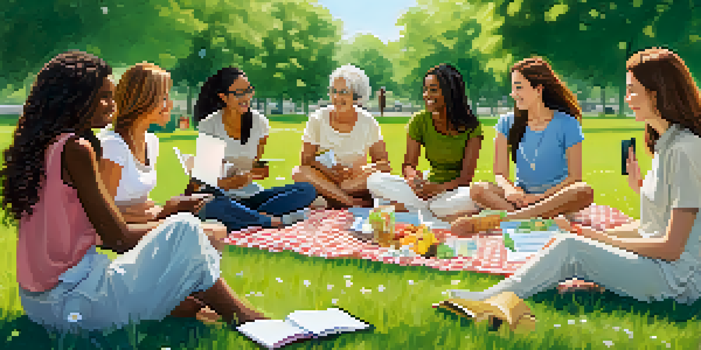 A diverse group of women enjoying a sunny day in a park, discussing health and wellness on a picnic blanket.