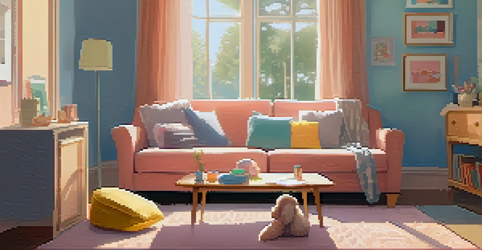 A new mother sitting on a sofa, cradling her baby and looking at her phone in a warmly lit living room.