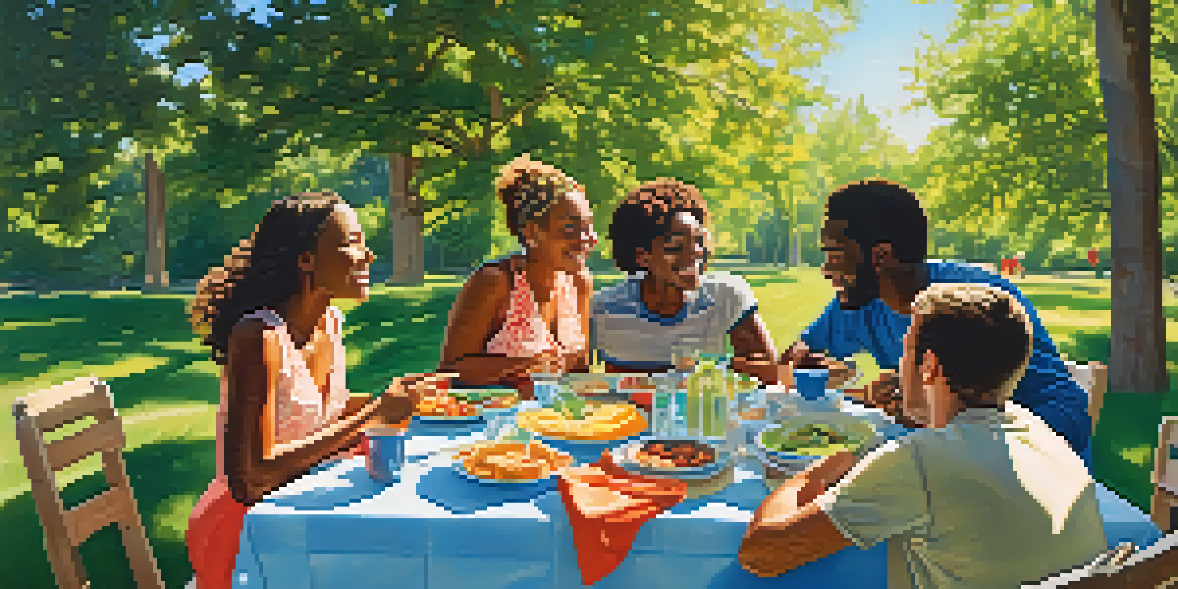 A diverse group of friends enjoying a picnic together, with colorful food and drinks, surrounded by trees and sunlight.