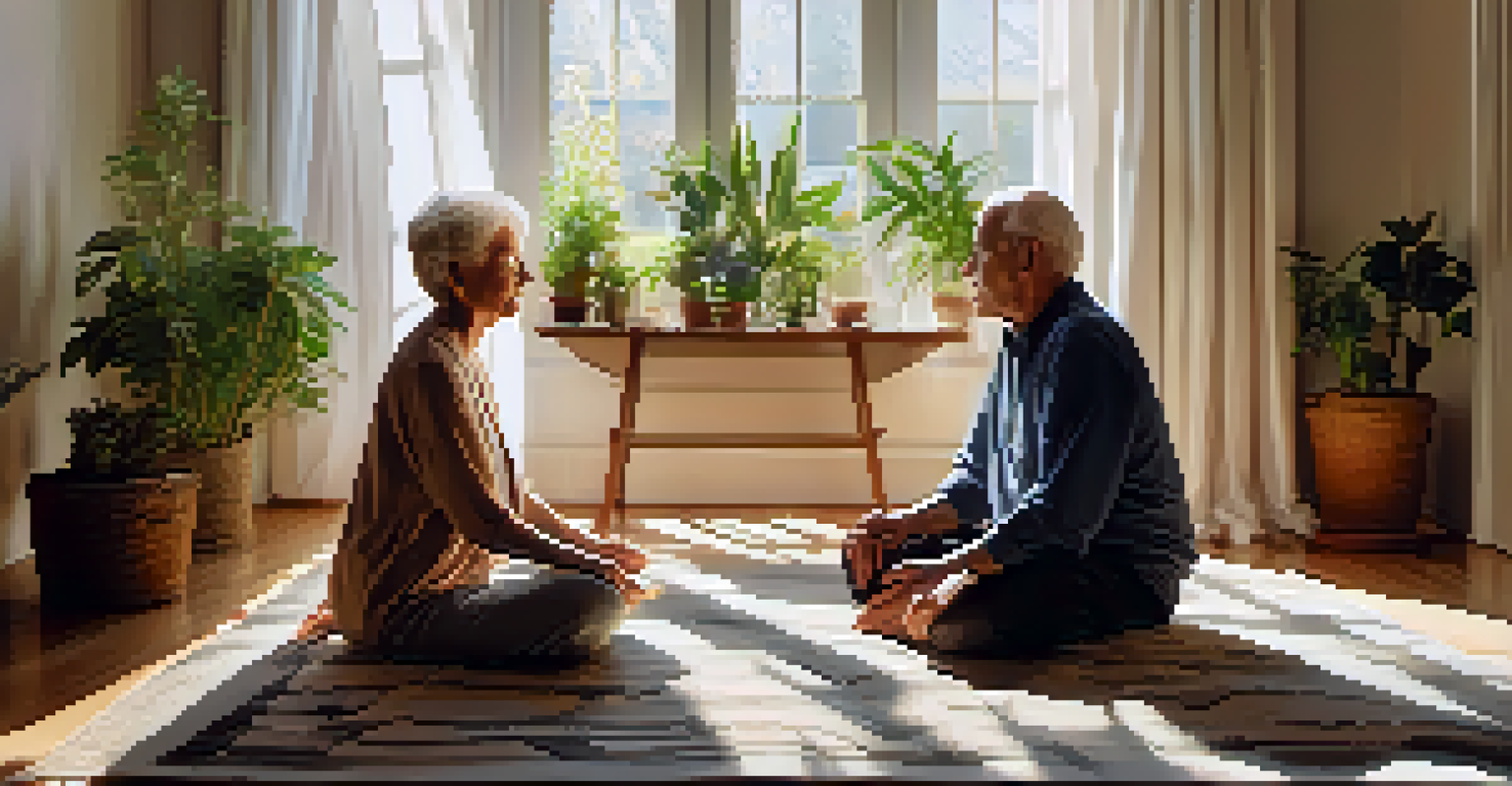 An elderly couple practicing mindfulness in a sunlit living room, looking relaxed and connected.