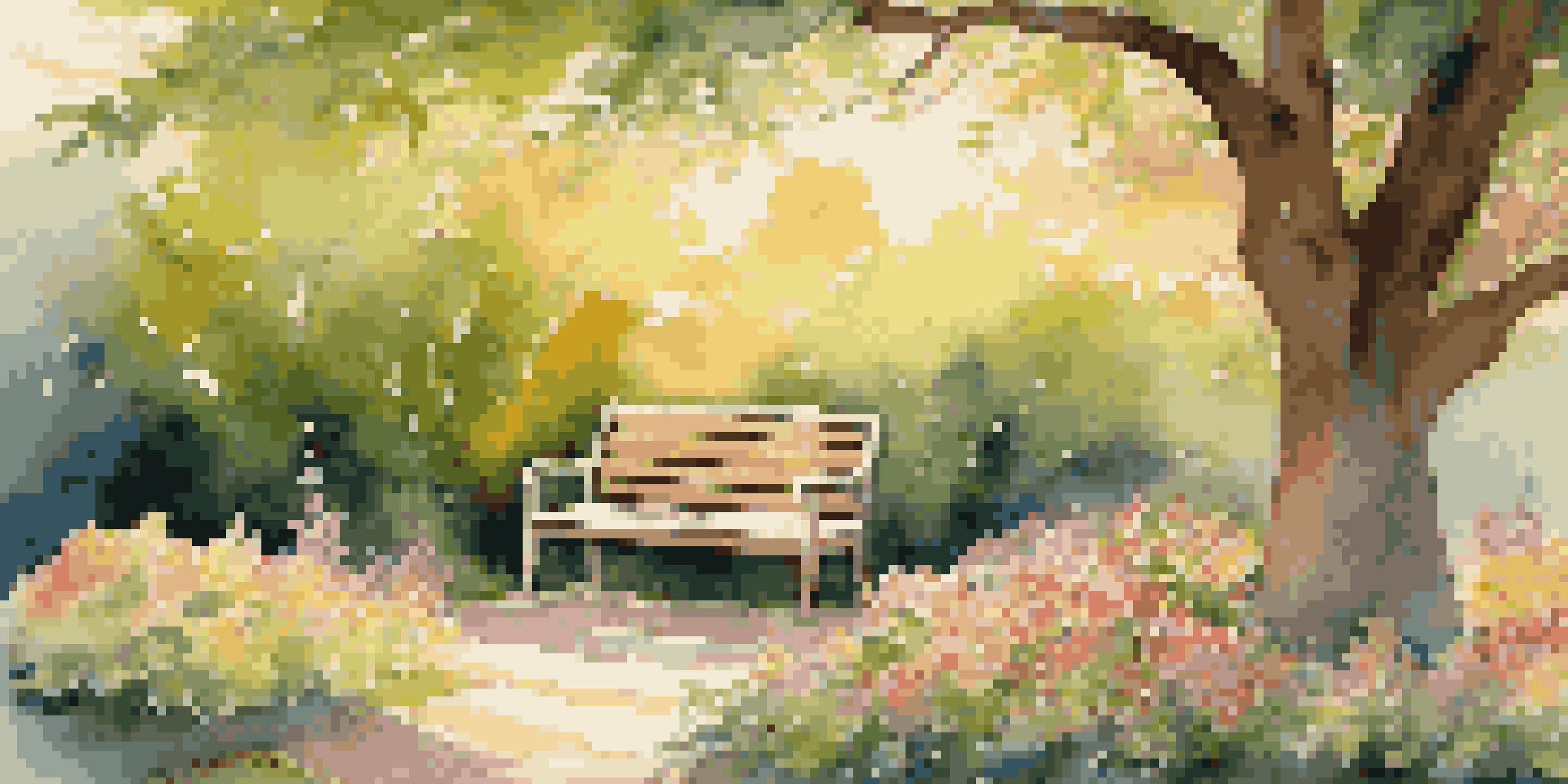 A peaceful garden at sunrise with colorful flowers and a wooden bench under a flowering tree.