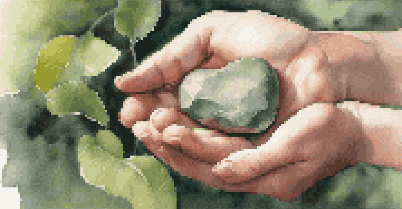 Two hands holding a heart-shaped rock in a blurred natural setting.