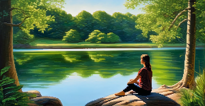 A peaceful scene of a person practicing mindfulness by a calm lake, surrounded by greenery and soft sunlight.