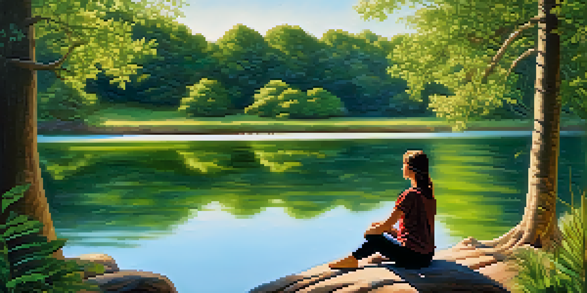 A peaceful scene of a person practicing mindfulness by a calm lake, surrounded by greenery and soft sunlight.