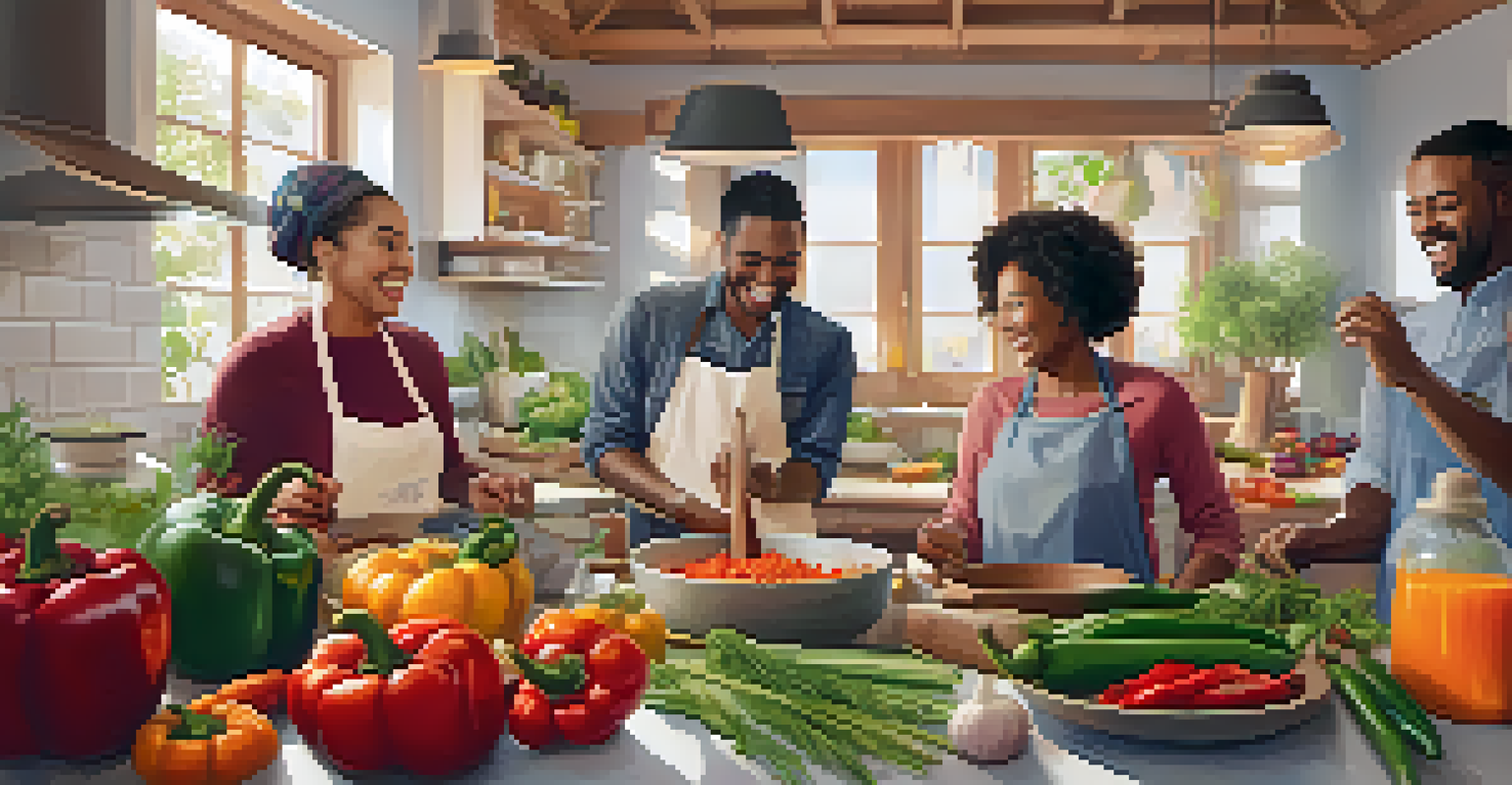 A cozy kitchen with friends enjoying a cooking class, laughing and chopping vegetables together amid colorful ingredients.