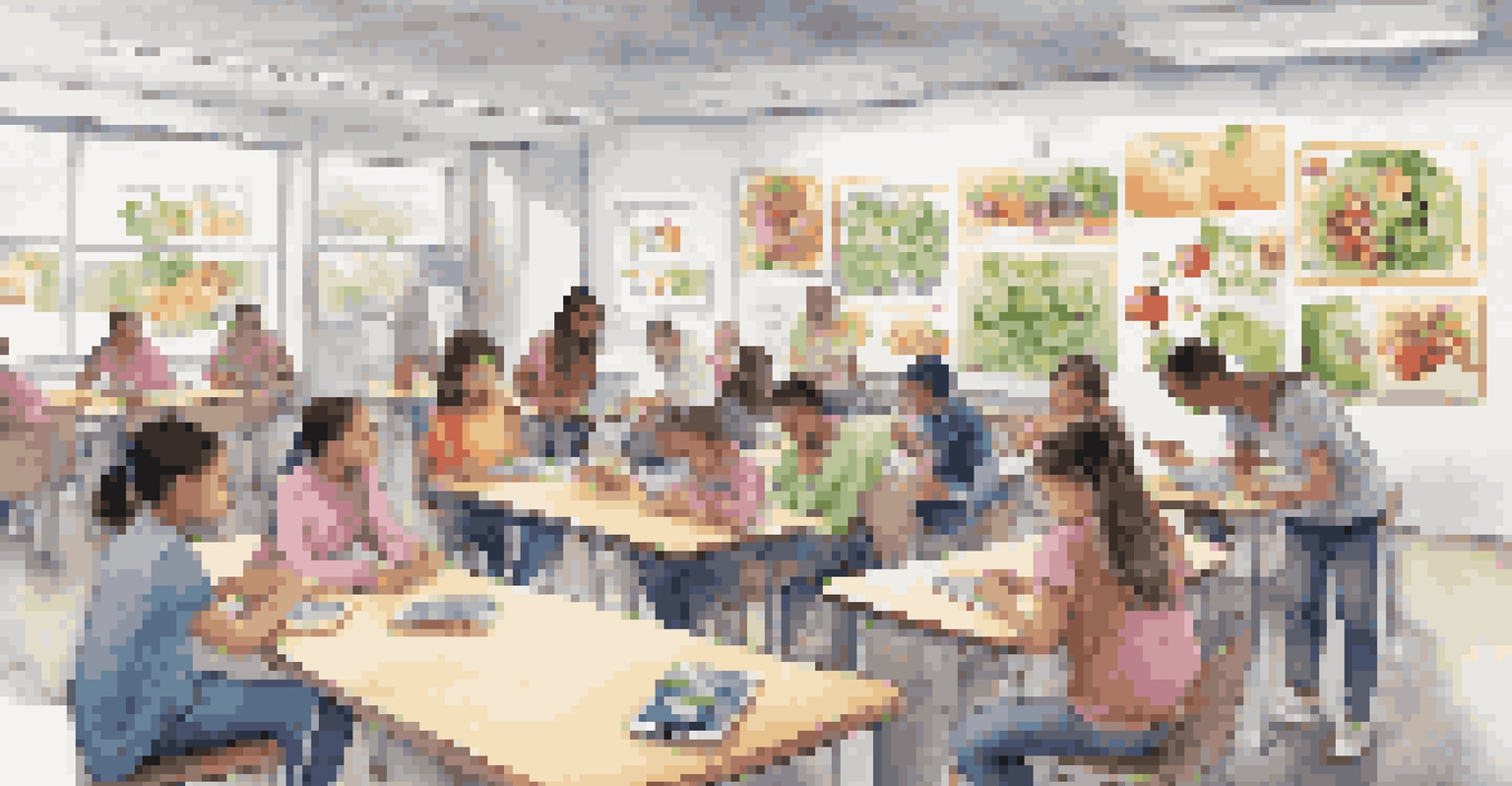 Students of various ethnicities in a modern classroom, engaging with tablets to learn about nutrition through technology.