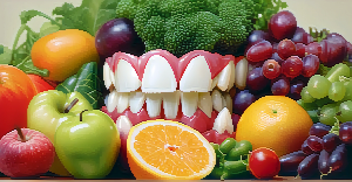 A close-up of a healthy smile with bright teeth and gums, surrounded by fresh fruits and vegetables.