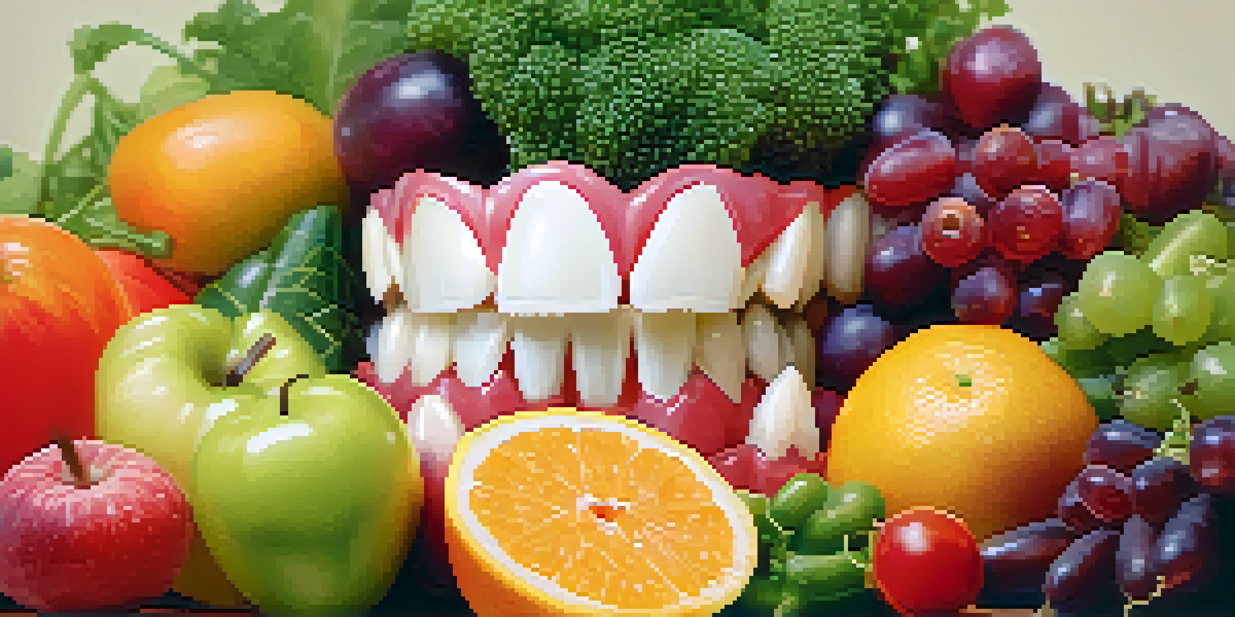 A close-up of a healthy smile with bright teeth and gums, surrounded by fresh fruits and vegetables.