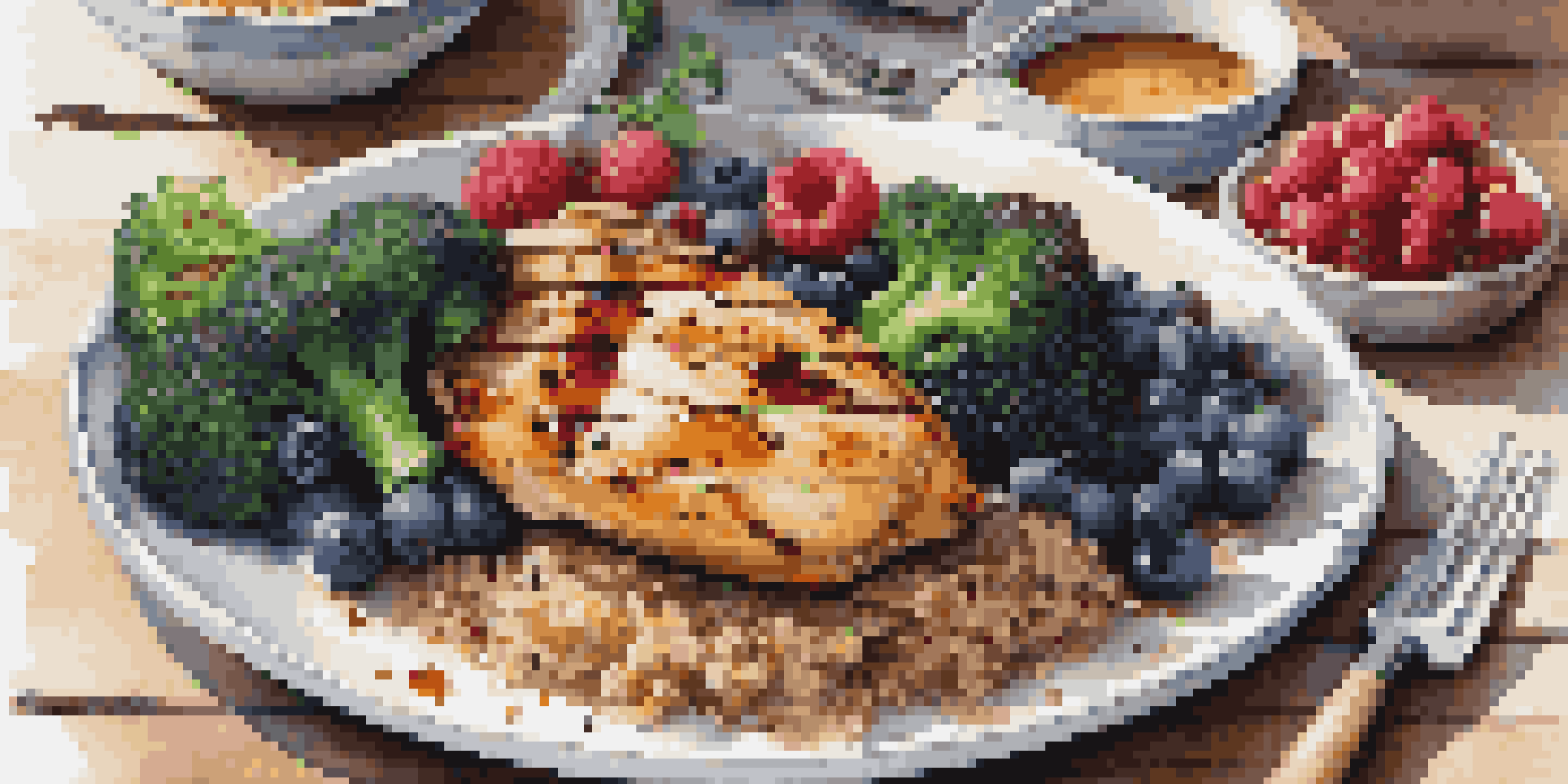 A colorful plate with grilled chicken, quinoa, broccoli, and berries on a wooden table, illuminated by soft natural light.