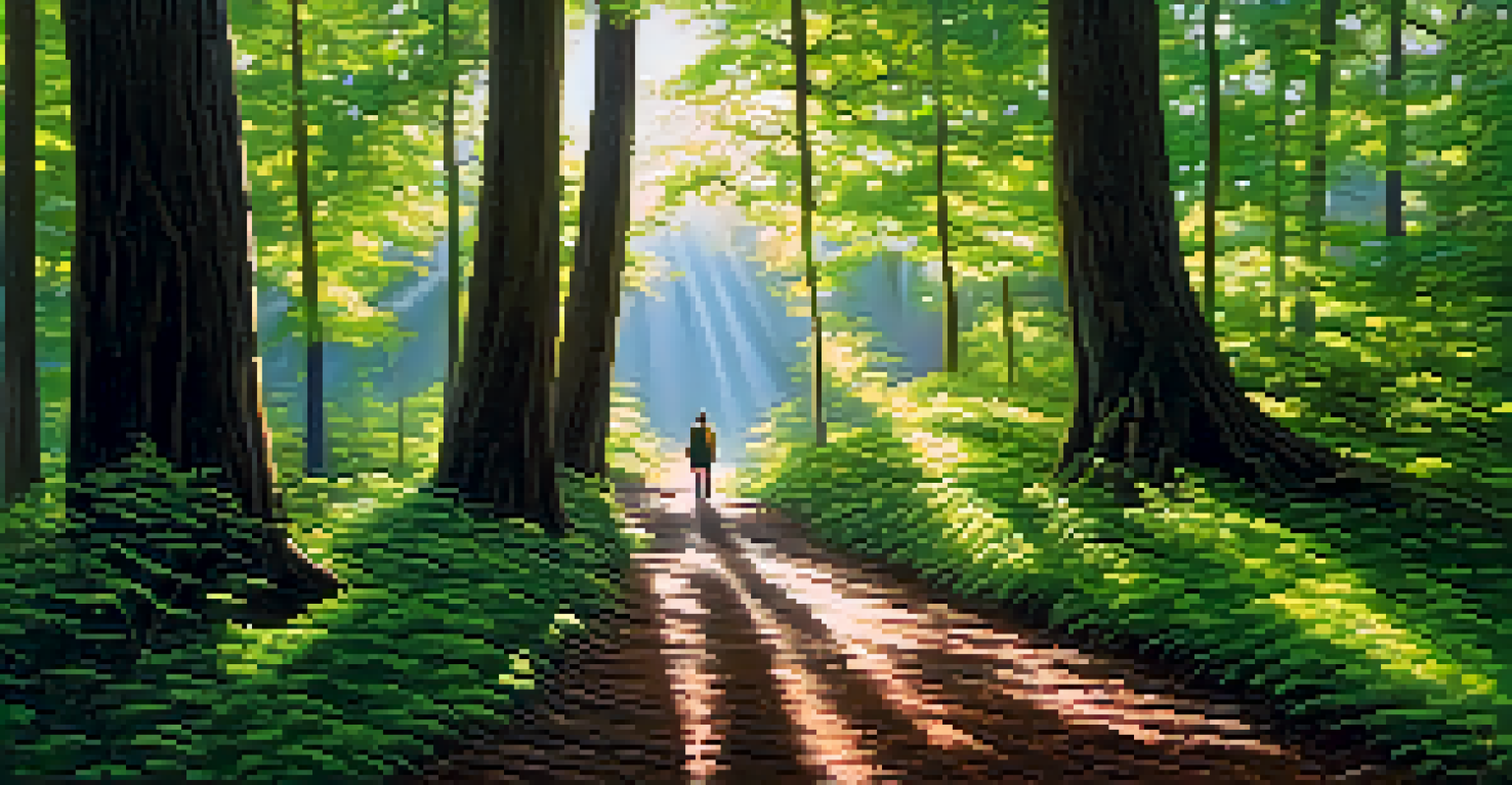 A person walking mindfully on a forest path, surrounded by sunlight and greenery.