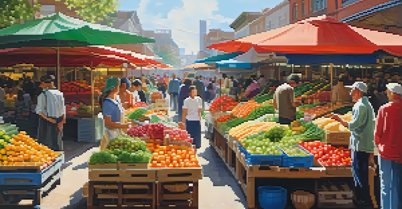 A bustling market with colorful fruits and vegetables, and shoppers engaging in conversations under bright awnings.