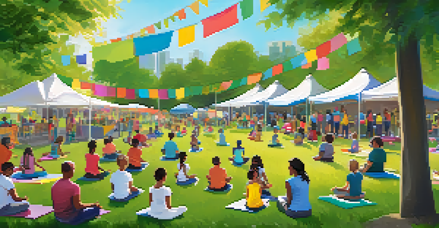 A vibrant community mindfulness fair in a park with families participating in yoga and meditation activities.