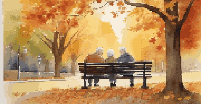 An elderly couple enjoying a conversation on a bench in a park during autumn.