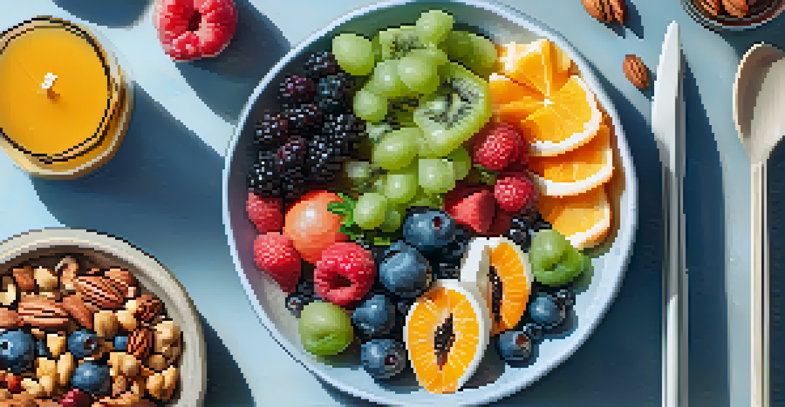 A close-up of a plate filled with fresh fruits, nuts, and salad, beautifully arranged and illuminated by natural light.