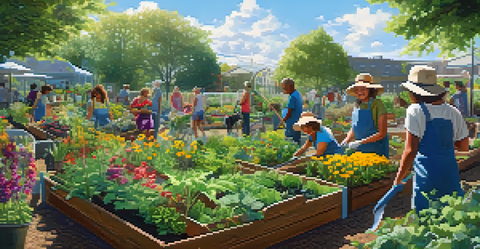 A colorful community garden with people of different ages tending to plants, sunlight shining through the leaves, and raised garden beds in a lush environment.