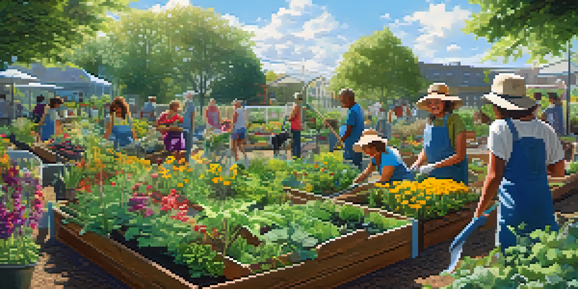 A colorful community garden with people of different ages tending to plants, sunlight shining through the leaves, and raised garden beds in a lush environment.