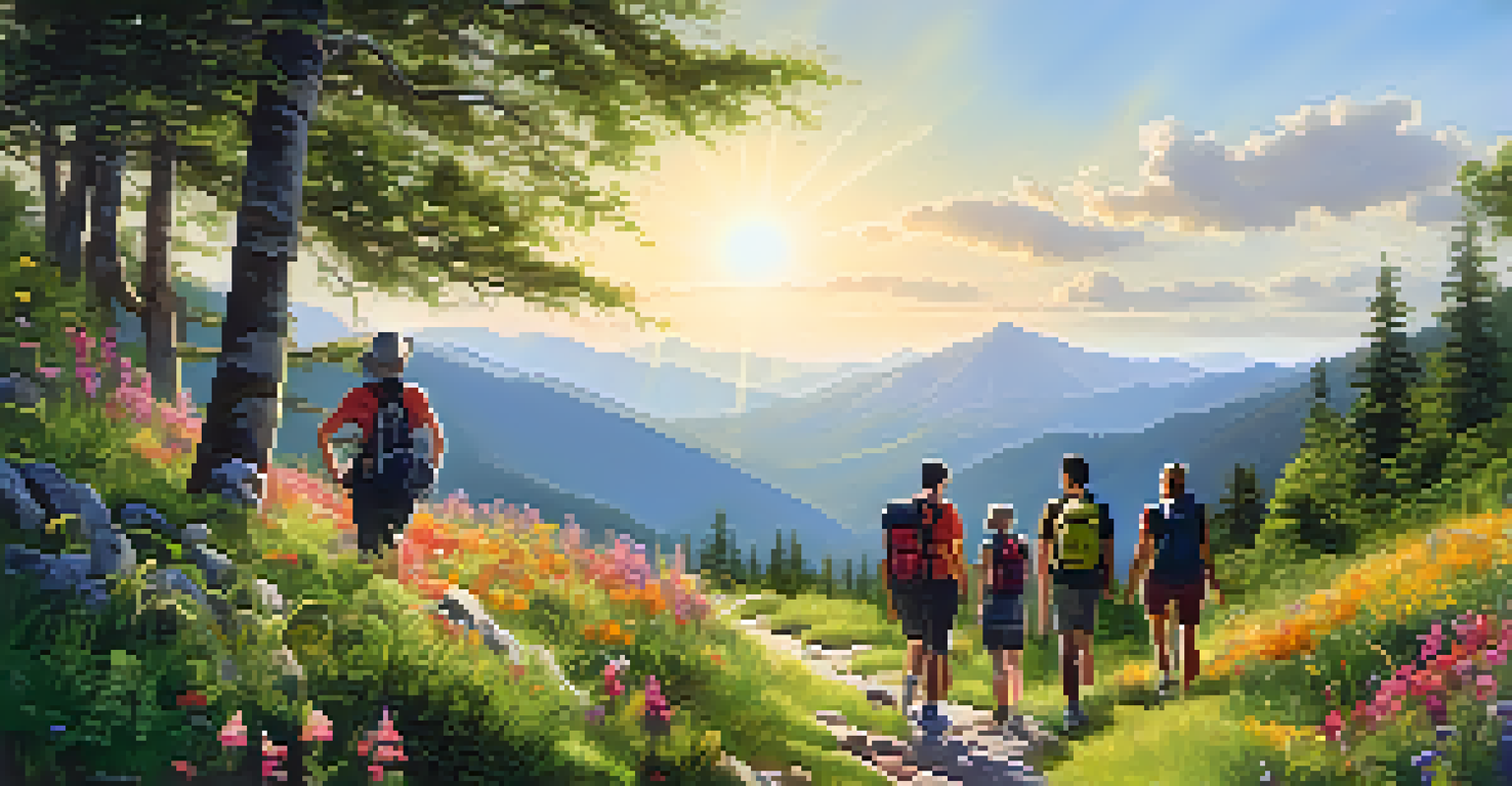 A group of friends hiking on a mountain trail, surrounded by greenery and wildflowers, enjoying their time together.