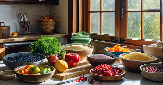 A kitchen countertop filled with fresh, colorful allergen-free ingredients like quinoa, fruits, and vegetables, illuminated by natural light.