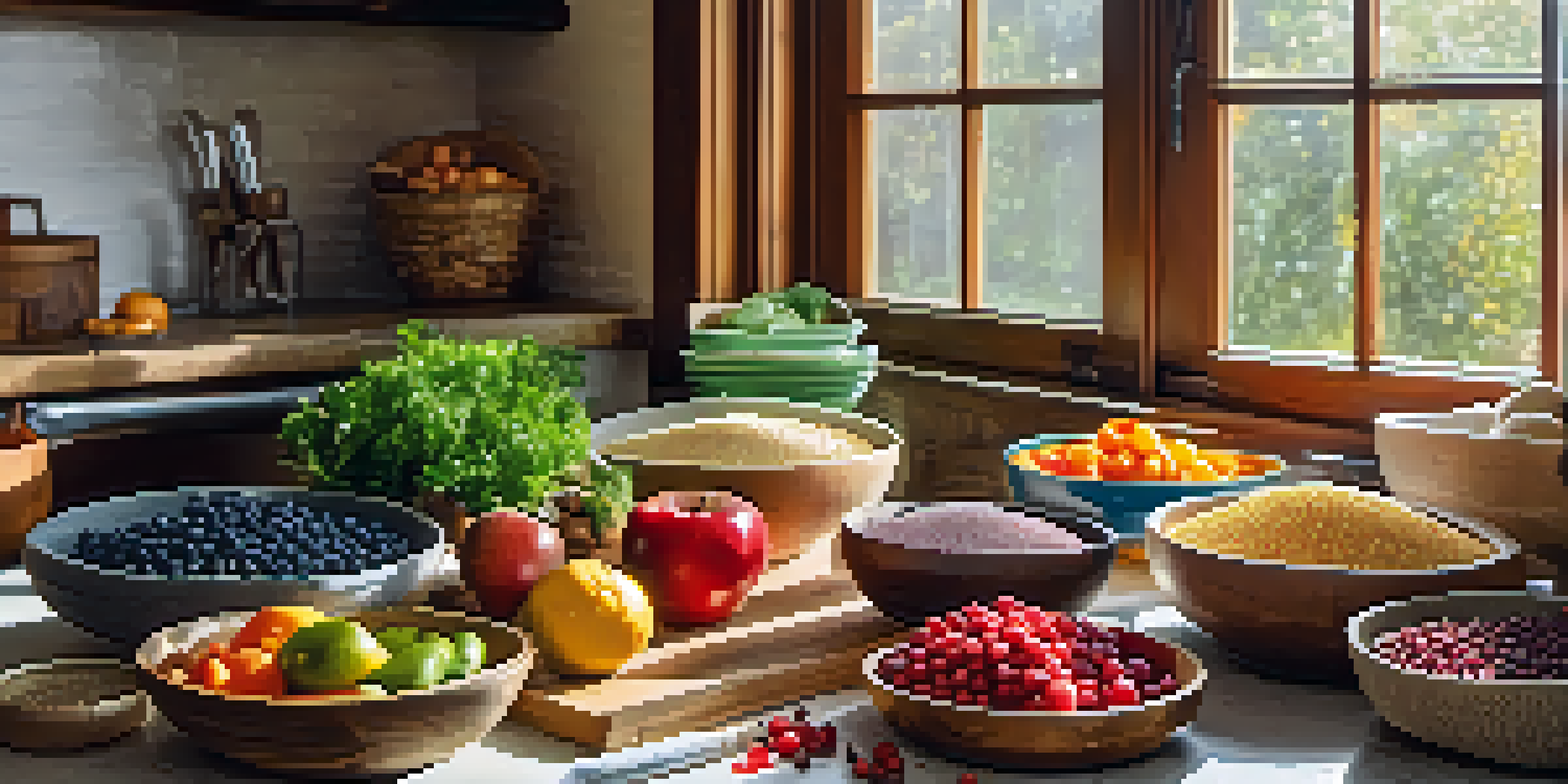 A kitchen countertop filled with fresh, colorful allergen-free ingredients like quinoa, fruits, and vegetables, illuminated by natural light.