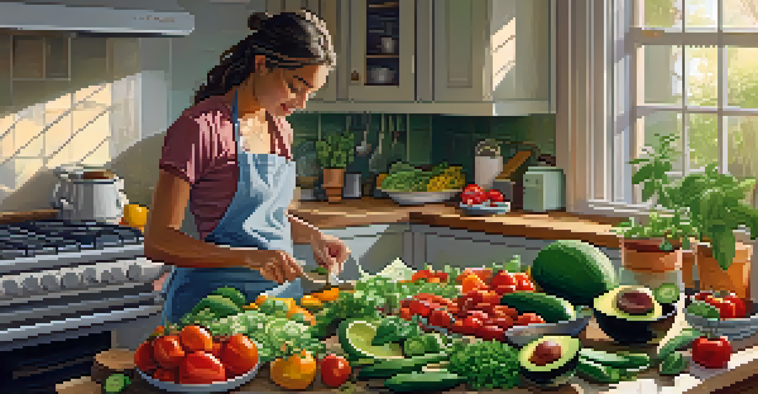A person preparing a colorful salad in a cozy kitchen, surrounded by fresh vegetables and a warm, inviting atmosphere.