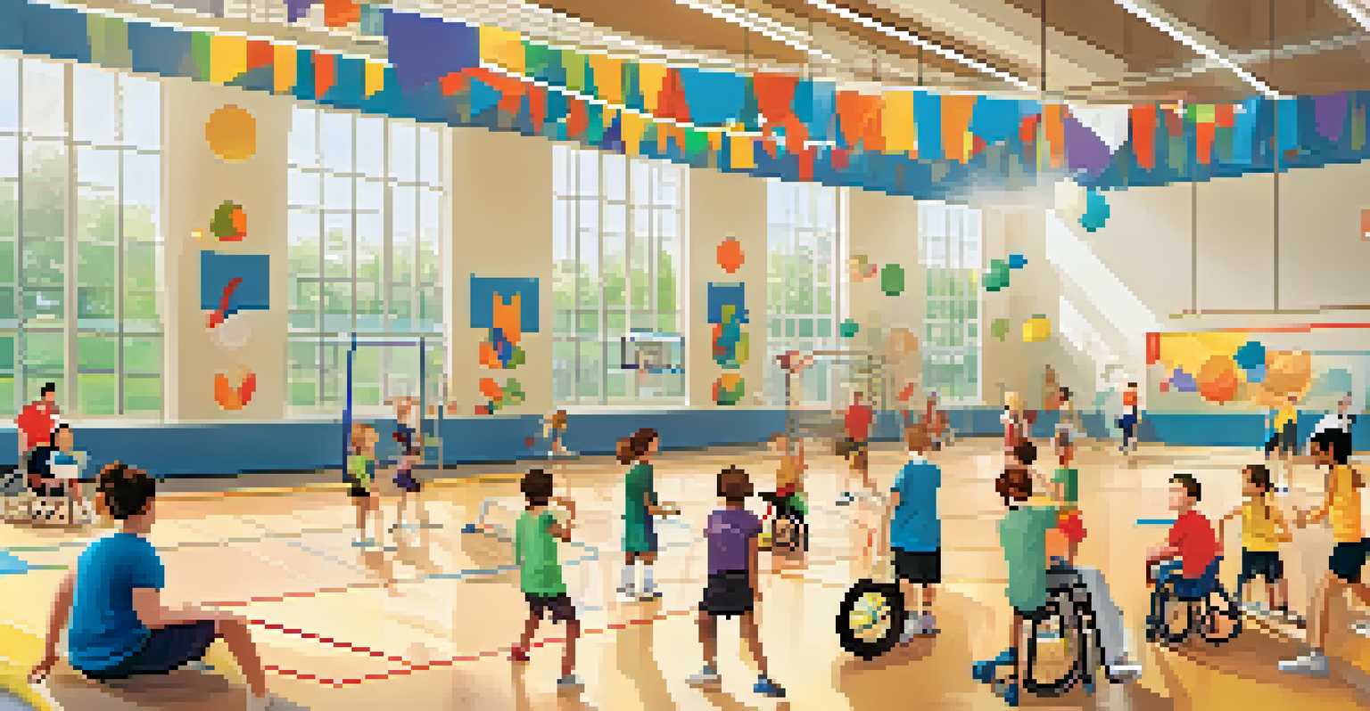 A gym class where children of all abilities are actively participating in inclusive physical education activities, fostering teamwork and acceptance.