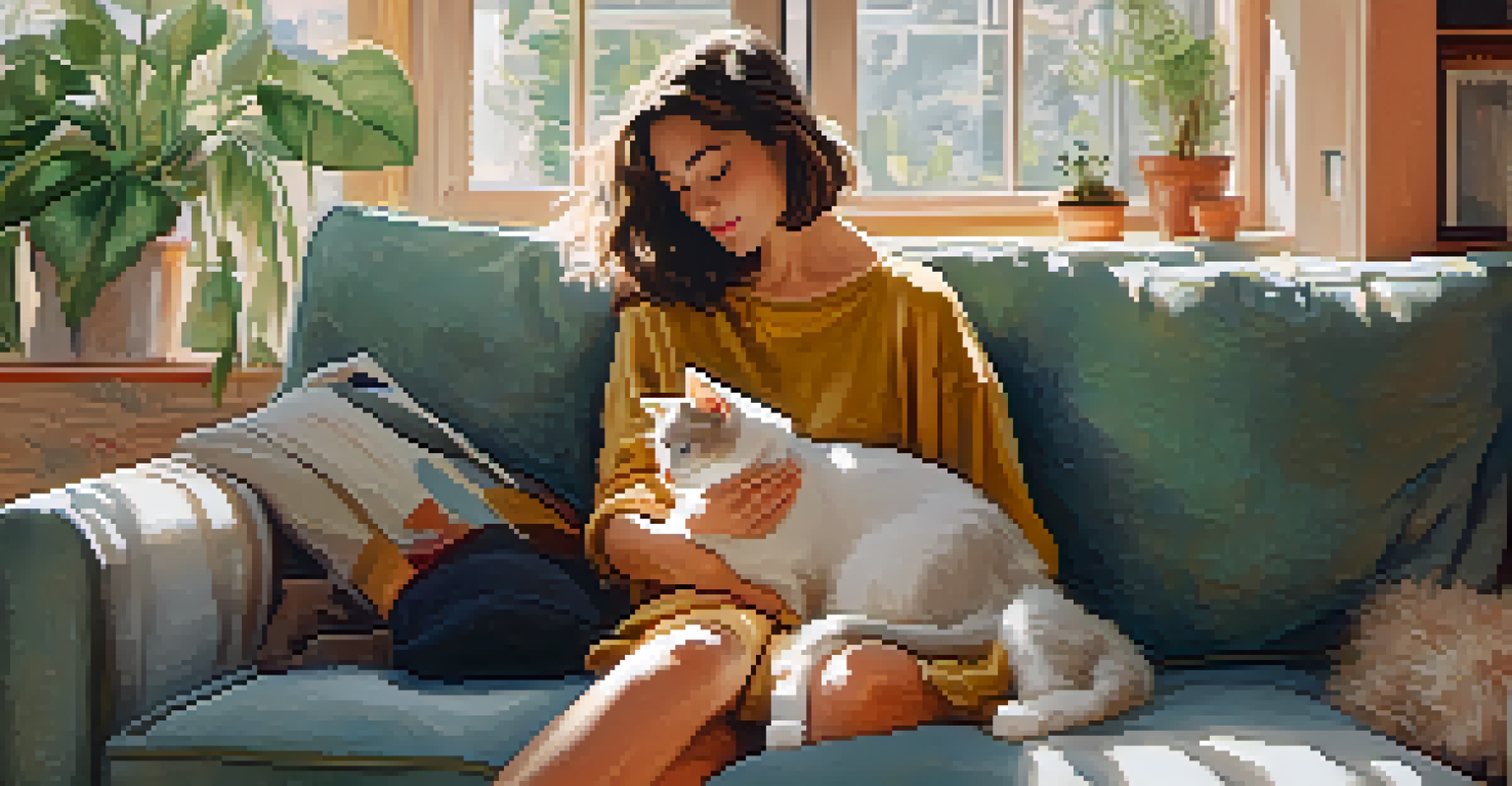A young woman cuddling a fluffy cat on a couch in a cozy living room filled with plants.