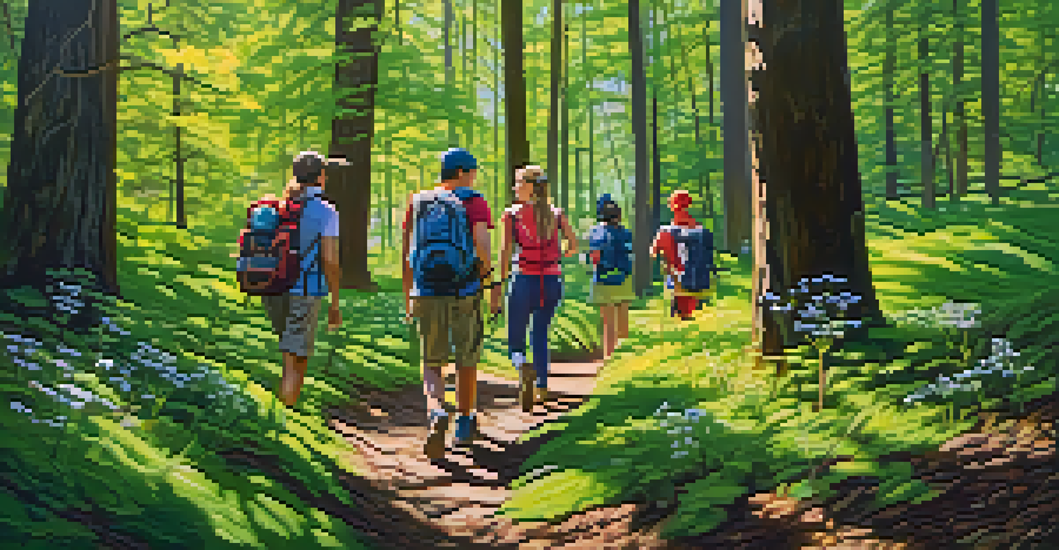 A group of friends hiking in a lush spring forest, surrounded by blooming flowers and sunlight filtering through the trees.