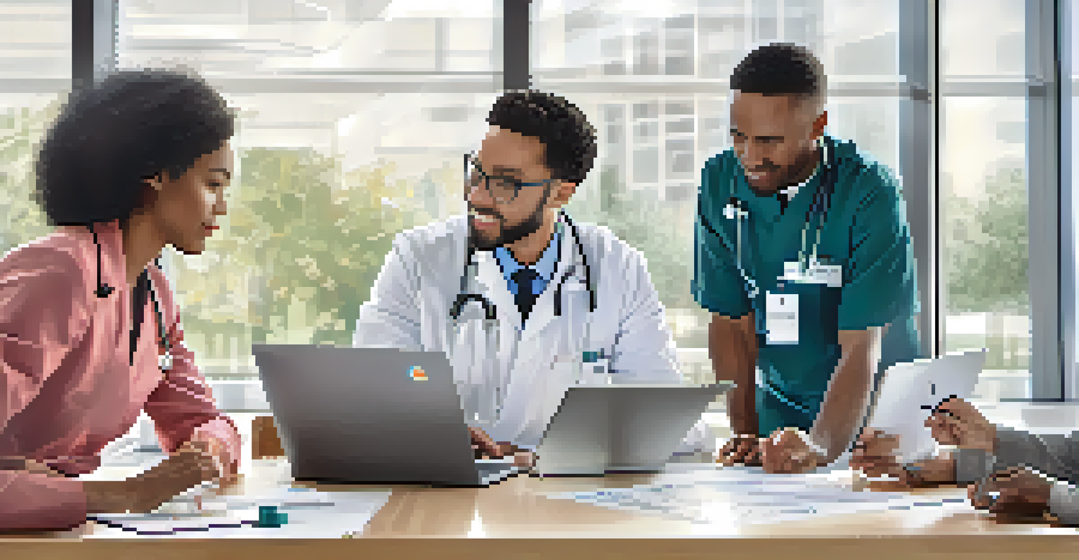 A diverse team of healthcare professionals collaborating around a table in a bright, modern office.