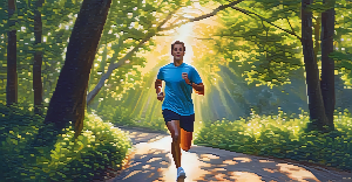 A person jogging on a sunlit path surrounded by green trees, with warm sunlight filtering through the leaves.