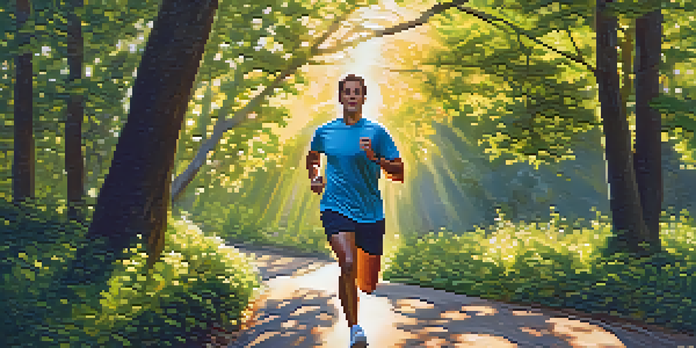 A person jogging on a sunlit path surrounded by green trees, with warm sunlight filtering through the leaves.