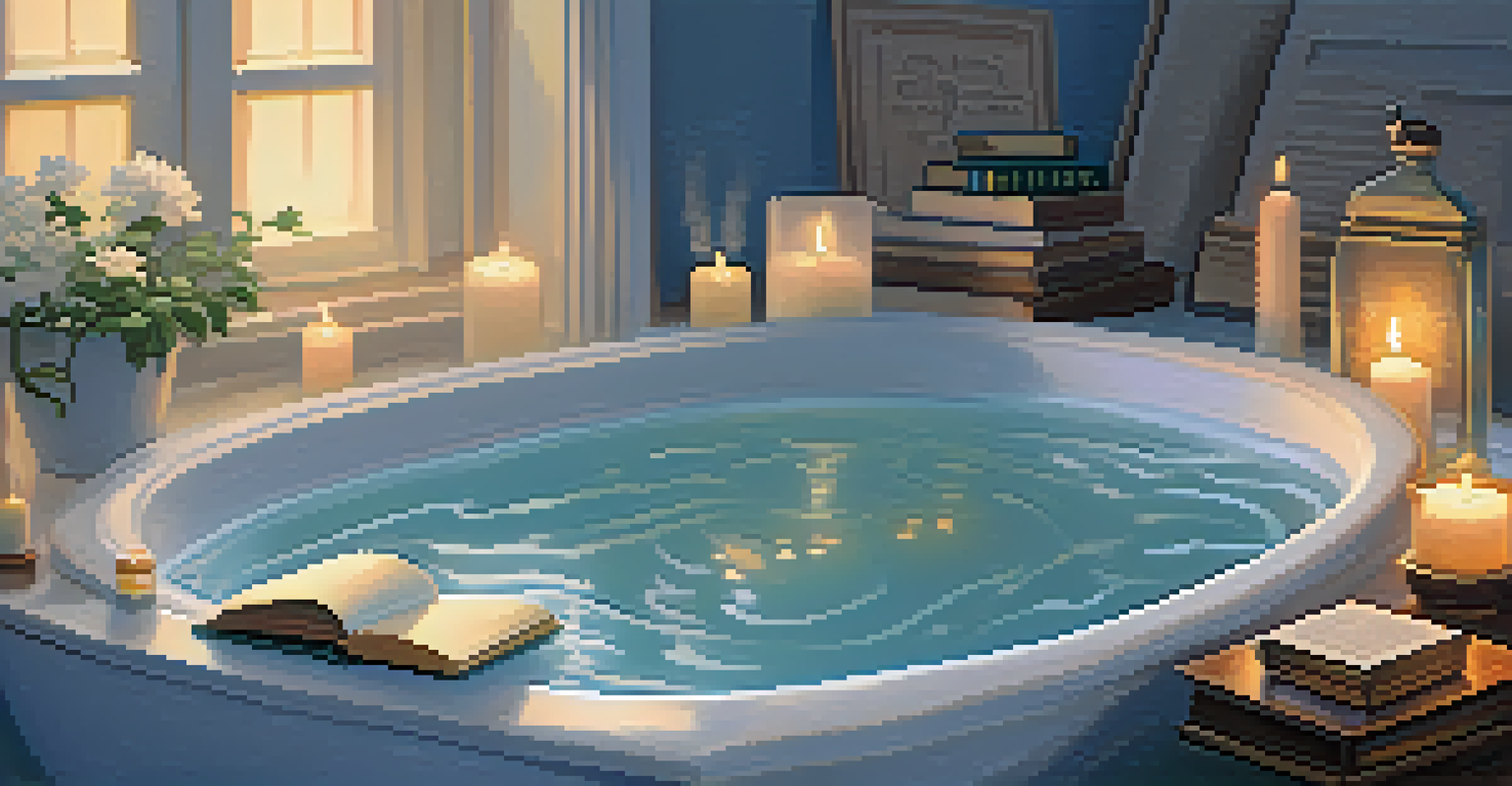 A warm bath scene with essential oils, candles, and a book, creating a tranquil and relaxing atmosphere.