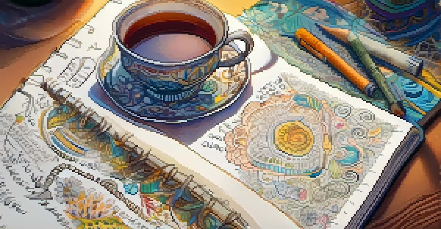 A close-up of a journal filled with colorful doodles and notes, accompanied by a cup of tea in a warm and inviting setting.